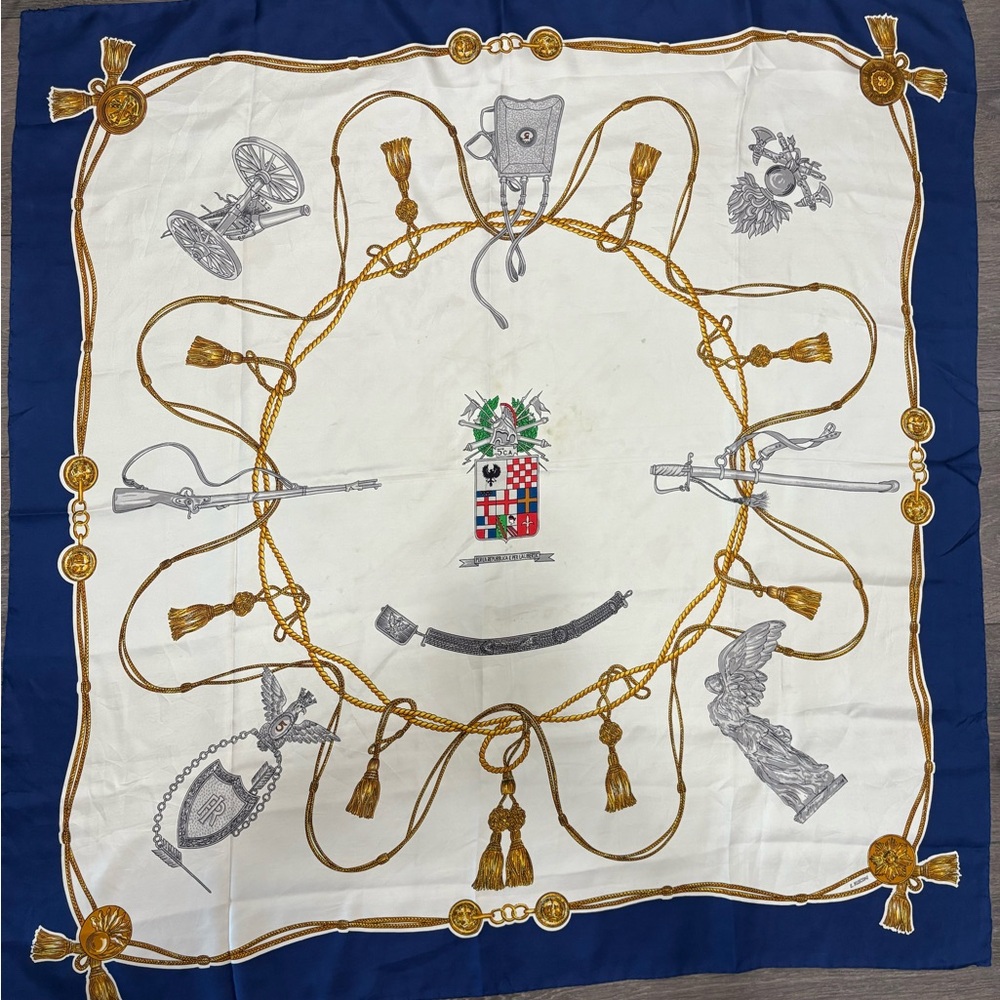 Vintage Emilio Rusconi Silk Scarf – Heraldic & Military Motif